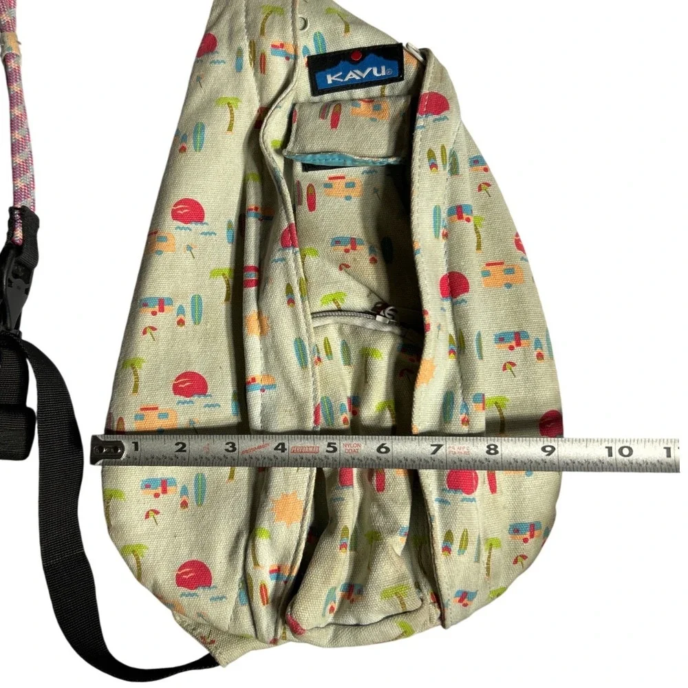KAVU‎ Rope Bag Sling Backpack Summer Beach Camper Print Canvas Tan Pink Blue